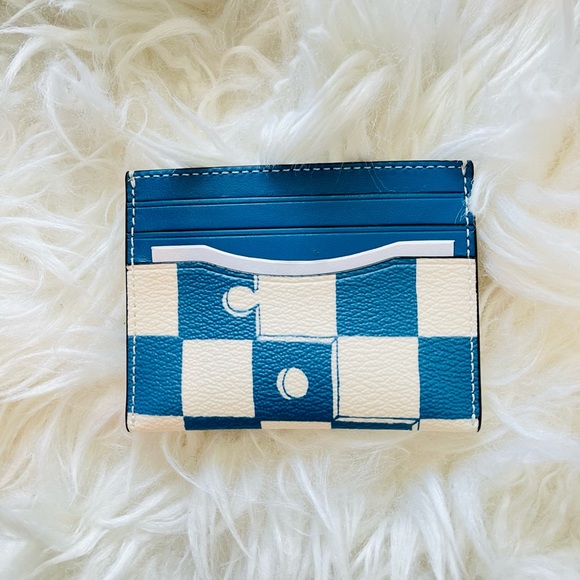 COACH CR396 Slim Id Card Case Checkerboard Print Coated Canvas & Leather Blue - Picture 2 of 7